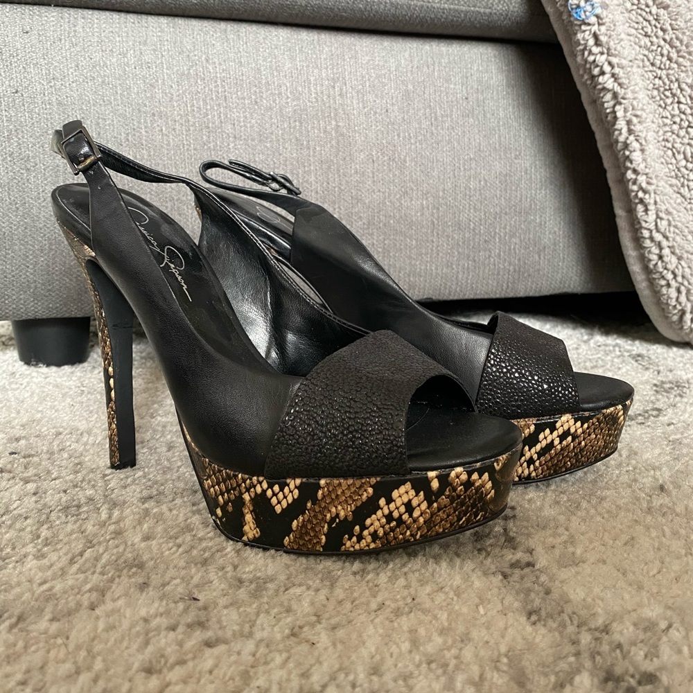 Snake print black heels